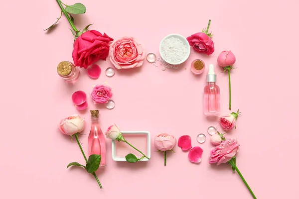 Frame Made Bottles Cosmetic Oil Rose Flowers Salt Pink Background — Stock Photo, Image