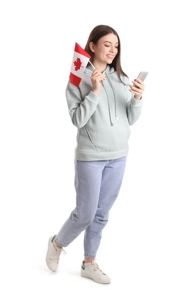 Young Woman Flag Canada Using Mobile Phone White Background — Stock Photo, Image
