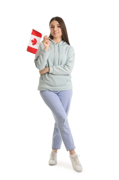 Mujer Joven Con Bandera Canadá Sobre Fondo Blanco —  Fotos de Stock