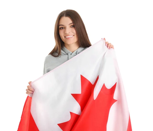 Junge Frau Mit Kanadischer Flagge Auf Weißem Hintergrund — Stockfoto
