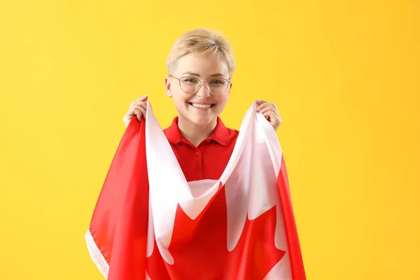 Young Woman Flag Canada Yellow Background — Stock Photo, Image