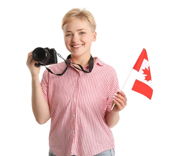 Young Woman Photo Camera Flag Canada White Background — Stock Photo, Image