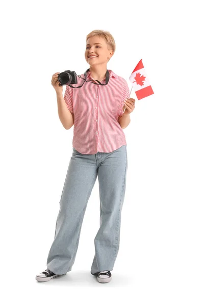 Jovem Mulher Com Câmera Foto Bandeira Canadá Fundo Branco — Fotografia de Stock