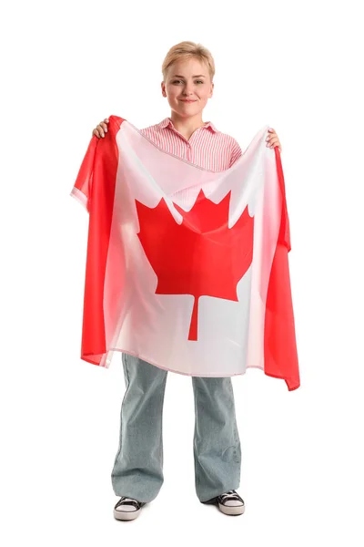 Ung Kvinna Med Flagga Kanada Vit Bakgrund — Stockfoto