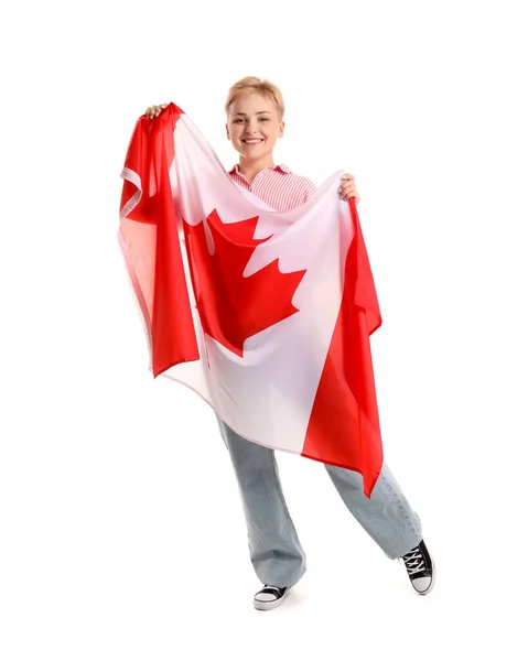 Jovem Com Bandeira Canadá Fundo Branco — Fotografia de Stock