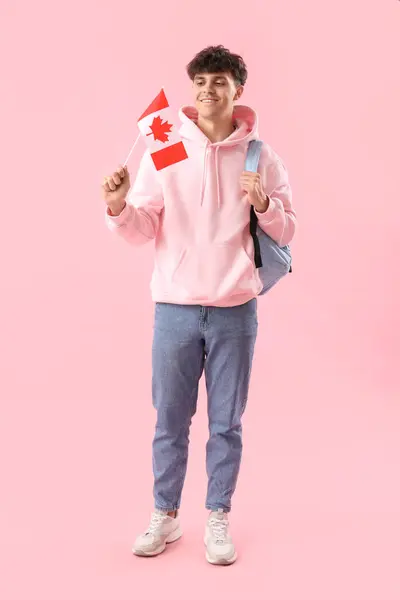 Young Man Flag Canada Backpack Pink Background — Stock Photo, Image
