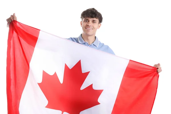 Joven Con Bandera Canadá Sobre Fondo Blanco — Foto de Stock