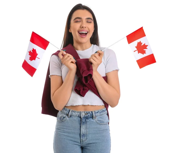 Jeune Femme Avec Des Drapeaux Canada Sur Fond Blanc — Photo