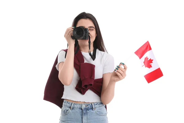 Jonge Vrouw Met Fotocamera Vlag Van Canada Witte Achtergrond — Stockfoto