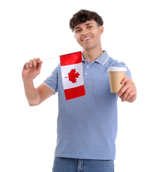 Kanada Bayrağı Beyaz Arka Planda Bir Fincan Kahvesi Olan Genç — Stok fotoğraf