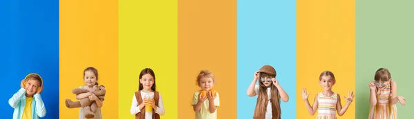 Collage Little Children Color Background — Stock Photo, Image