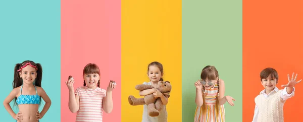 Conjunto Niños Pequeños Sobre Fondo Color —  Fotos de Stock