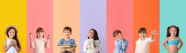Коллаж Маленьких Детей Цветном Фоне — стоковое фото