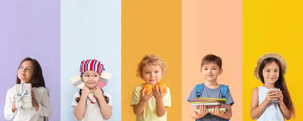 色の背景に小さな子供のグループ — ストック写真