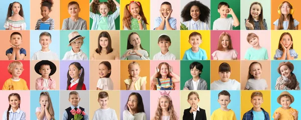 Collage Olika Bedårande Barn Färg Bakgrund — Stockfoto