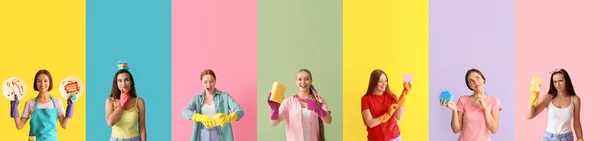 Collage Van Jonge Vrouwen Met Schoonmaak Sponzen Kleur Achtergrond — Stockfoto