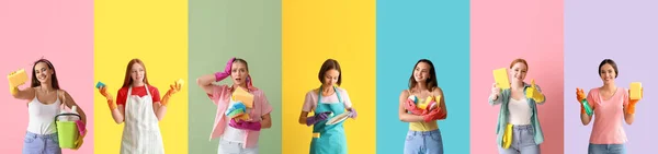 Collage Junger Frauen Mit Putzschwämmen Und Reinigungsmitteln Auf Farbigem Hintergrund — Stockfoto