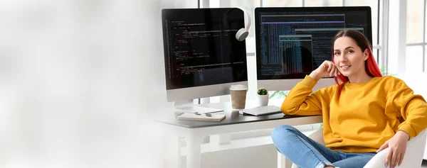 Female Programmer Office Banner Design — Stock Photo, Image