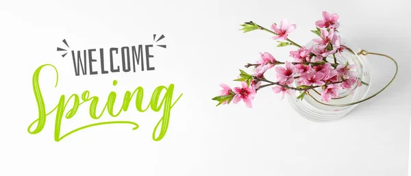 Banner Com Texto Bem Vindo Spring Belos Ramos Árvores Florescentes — Fotografia de Stock