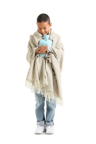 Ill African American Boy Hot Water Bottle White Background — Stock Photo, Image