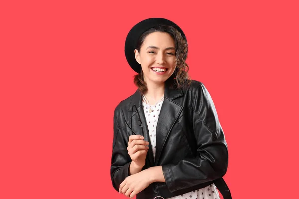 Stylish Young Woman Leather Jacket Red Background — Stock Photo, Image