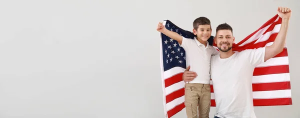 Man His Son Usa Flag Light Background Space Text Stock Image