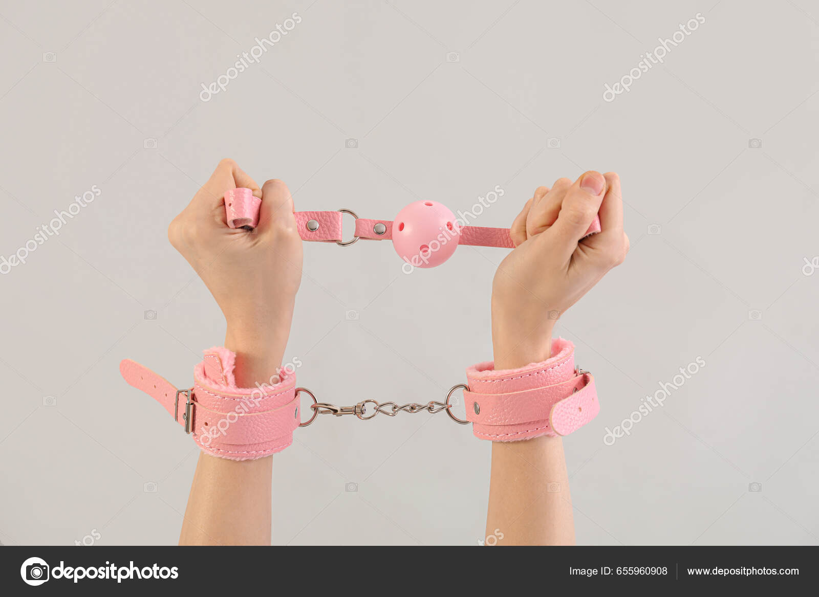 Woman Pink Handcuffs Mouth Gag Sex Shop Light Background Stock Photo by  ©serezniy 655960908