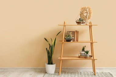 Salonda bej duvarın yanında floraryumu, kitabı ve bitkileri olan raf ünitesi.