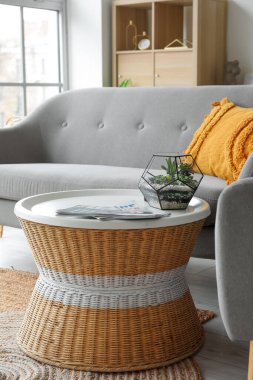 Oturma odasında dergileri olan bir Floraryum.