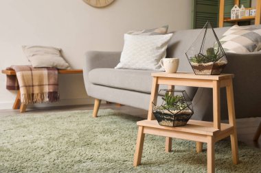 Florariums with cup of coffee on stepladder in living room clipart