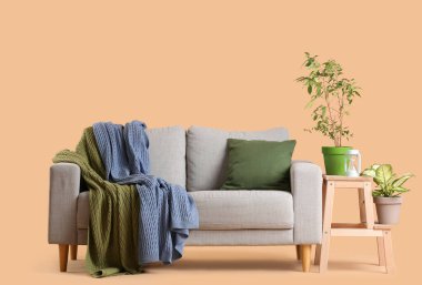 Ekoseli ve bej arka planda yastıklı rahat gri kanepe.