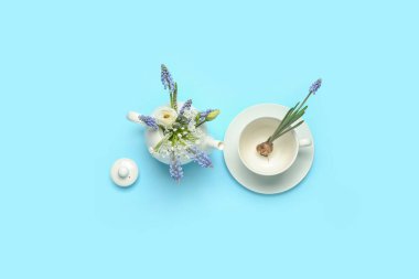Çaydanlıkta güzel Muscari çiçekleriyle kompozisyon ve mavi arka planda fincan