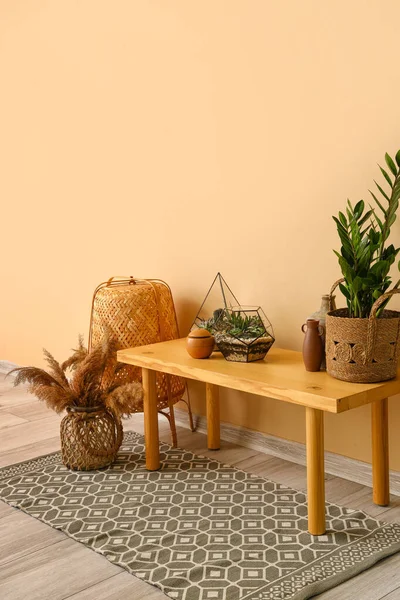 木制长椅上有花盆的时髦房间的内部 — 图库照片