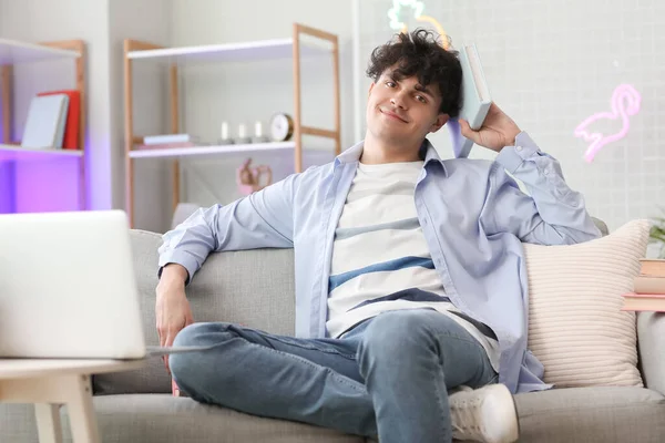 Male Student Book Sitting Sofa Home — Stock Photo, Image