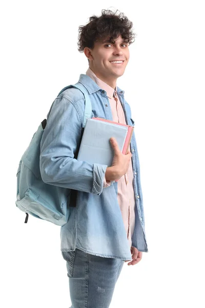 Man Student Met Boeken Witte Achtergrond — Stockfoto