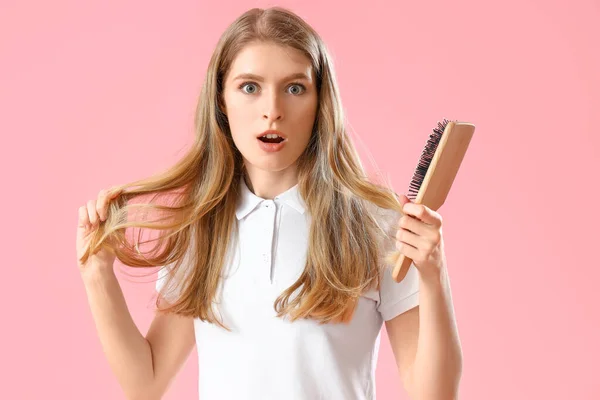 Shocked Young Woman Hair Loss Problem Brush Pink Background — Stock Photo, Image