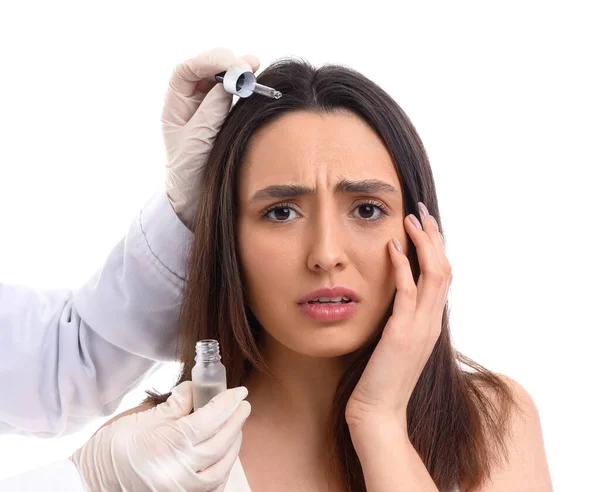 Cosmetologist Applying Serum Woman Hair White Background — Stock Photo, Image
