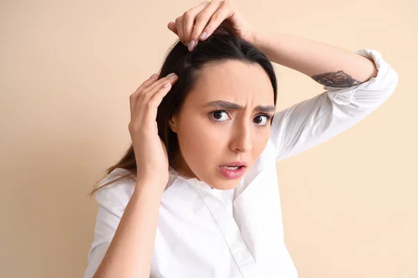 Worried Young Woman Hair Loss Problem Beige Background — Stock Photo, Image