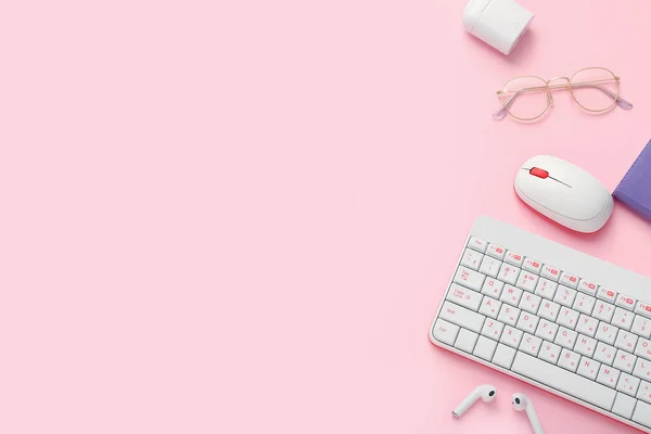 Composition Glasses Mouse Keyboard Earphones Pink Background — Stock Photo, Image