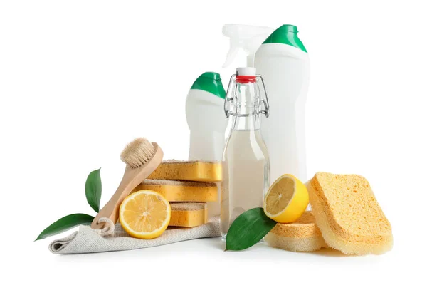 Bottles Vinegar Detergents Lemons Brush Sponges White Background — Stock Photo, Image