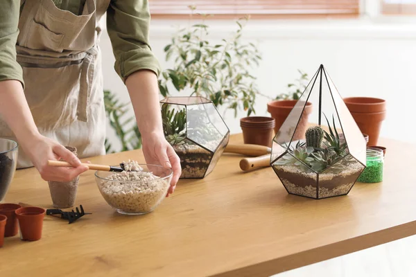 stock image Female gardener making florarium on table at home, closeup