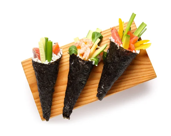 Wooden Board Tasty Sushi Cones White Background — Stock Photo, Image