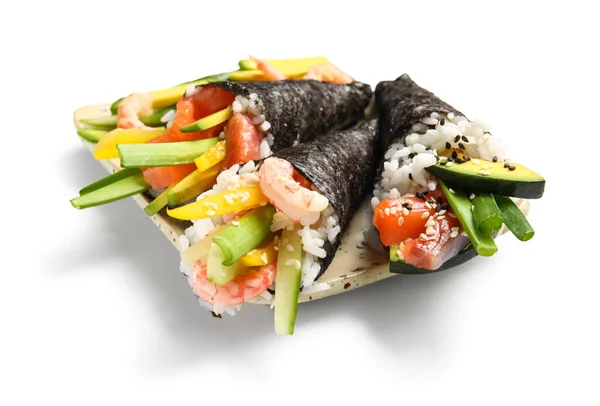 Plaat Met Lekkere Sushi Kegels Witte Achtergrond — Stockfoto
