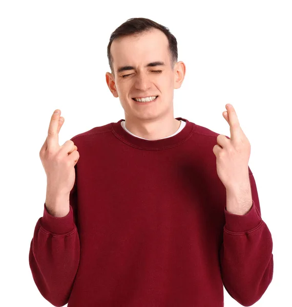 Young Man Crossing Fingers White Background — Stock Photo, Image