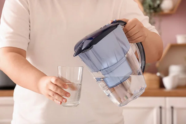Woman Pouring Pure Water Filter Jug Glass — Stock Photo, Image