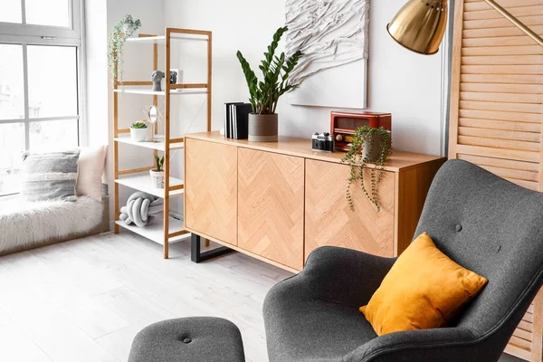 Stilvoller Holzschrank Und Gemütlicher Grauer Sessel Wohnzimmer — Stockfoto