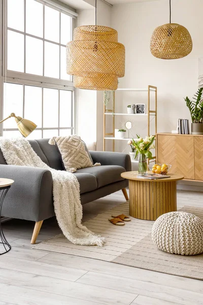 Interior Stylish Living Room Cozy Sofa Coffee Table Big Window — Stock Photo, Image
