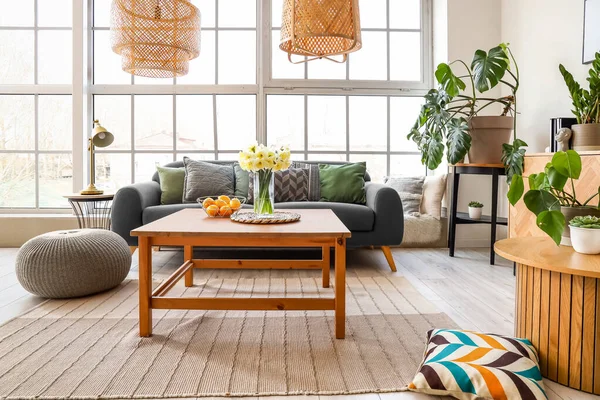 Interior Stylish Living Room Cozy Sofas Table Big Window — Stock Photo, Image