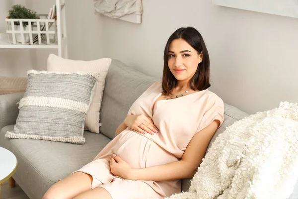 Young Pregnant Woman Sitting Sofa Home — Stock Photo, Image