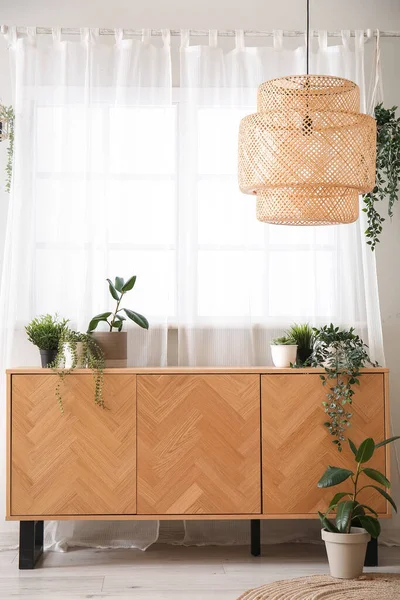 Wooden Chest Drawers Houseplants Light Living Room — Stock Photo, Image